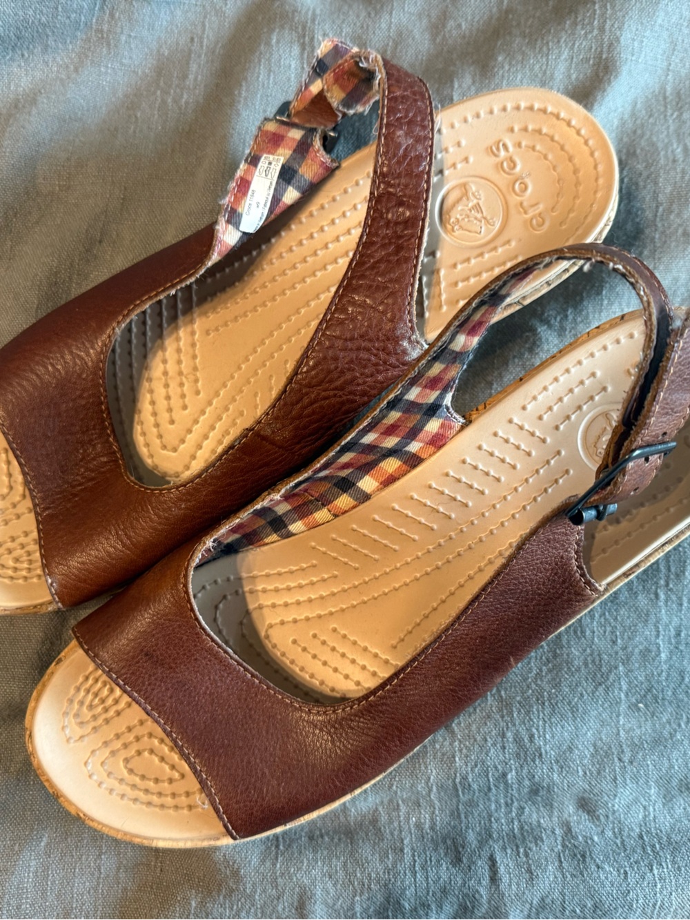 CROCS Brown Leather Platform Slingback Sandals with Plaid Lining